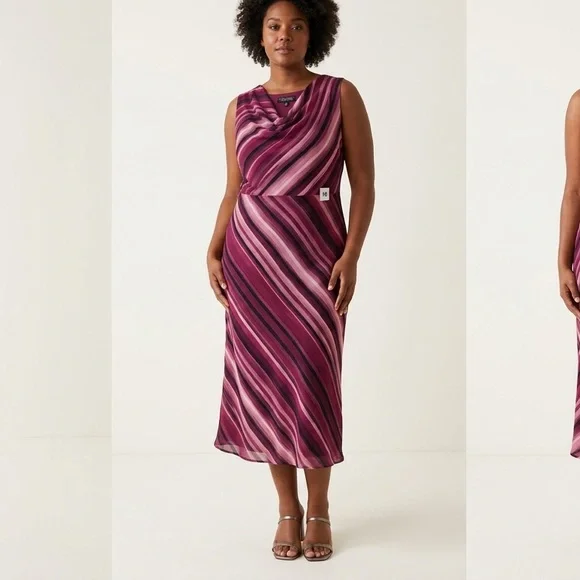 246 Sangria Y2K Pink & Purple Diagonal Stripe Cowl Neck Midi Dress - Size 18W - Picture 1 of 7